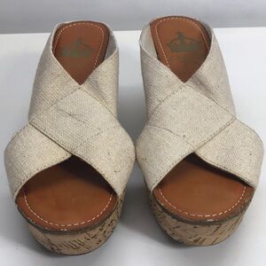 Crown Vintage Tan & Gold Canvas Studded Platform Sandals with Cork Heel